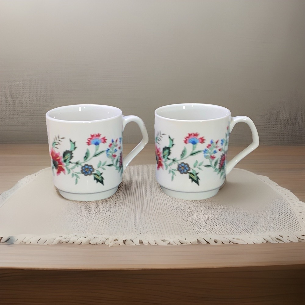 Vintage PMC Porcelain Floral Mugs China Set Of 2 French Country Cottage‎ Core